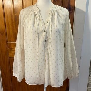 Buddy Love Long sheer Sleeve Top Large Cream Gold foil Polkadot Button Front Tie
